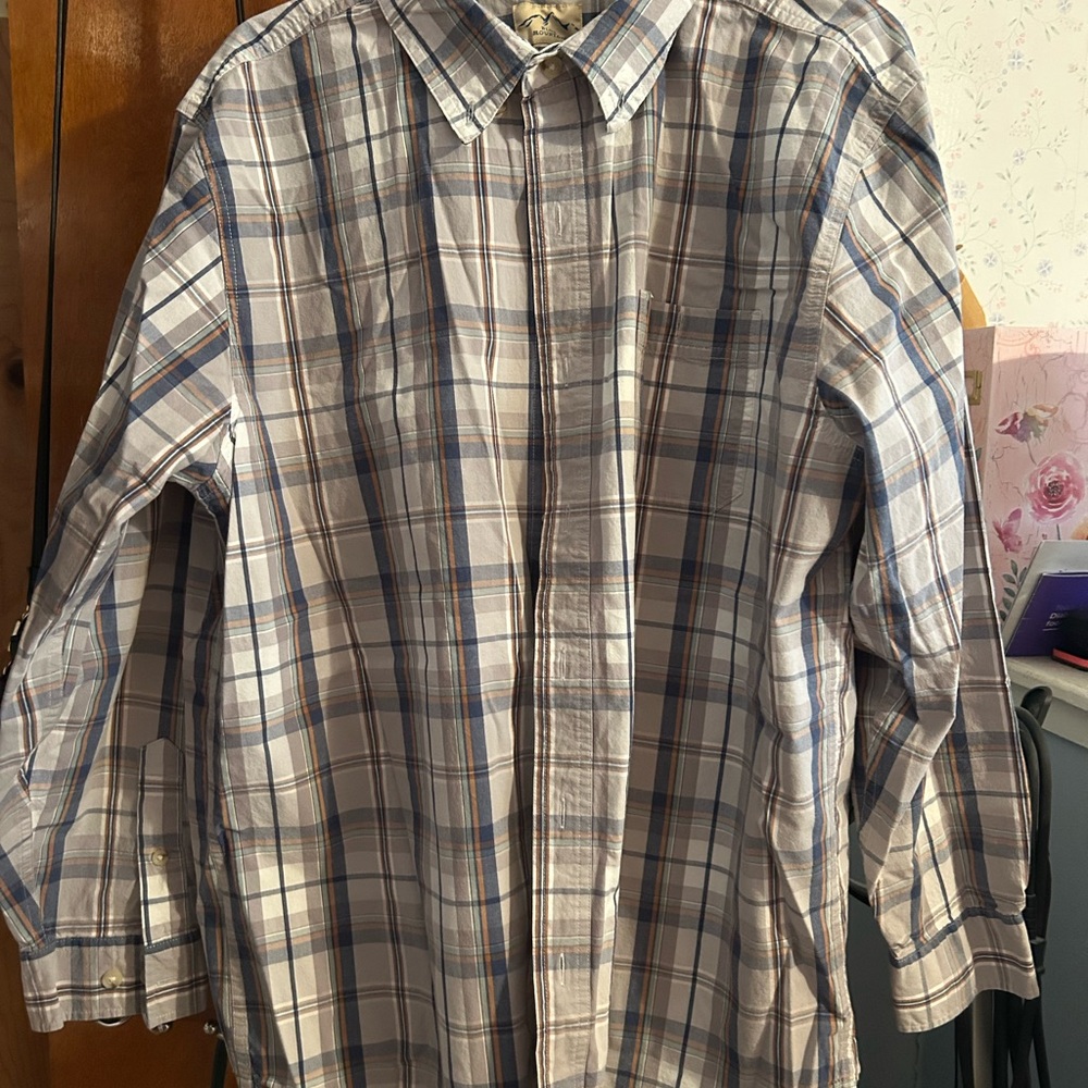 Men's Plaid Button-Down Shirt in White, Blue & Brown